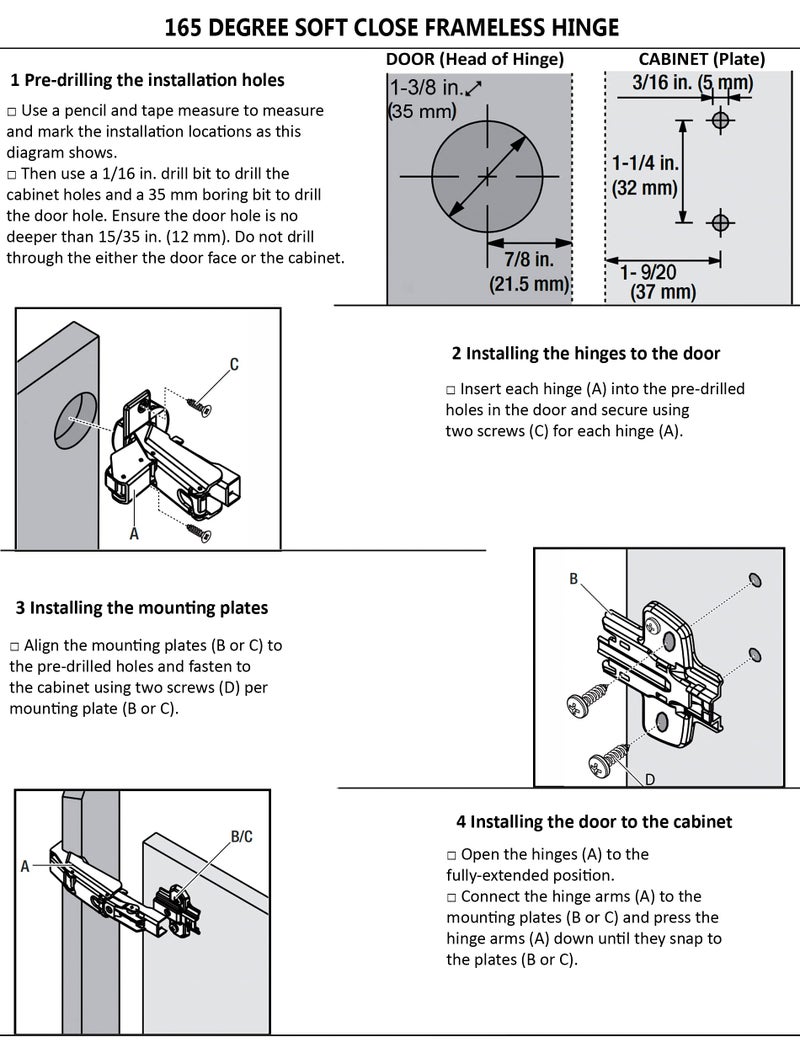Berta 2-Pack 165 Degree Hinges Frameless Cabinet Doors Hinges Concealed Hydraulic Adjustable Mounting Hinges Soft Closing Nickel-Plated Steel Buffer Dampers for Wardrobe,1 Pair (Full Overlay) - Image 5